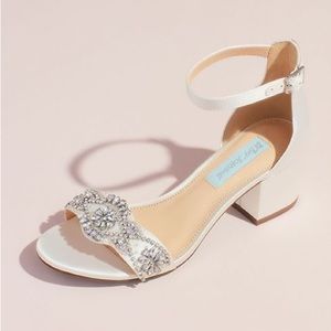 BETSEY JOHNSON satin block heel crystal embellished wedding heels - brand new